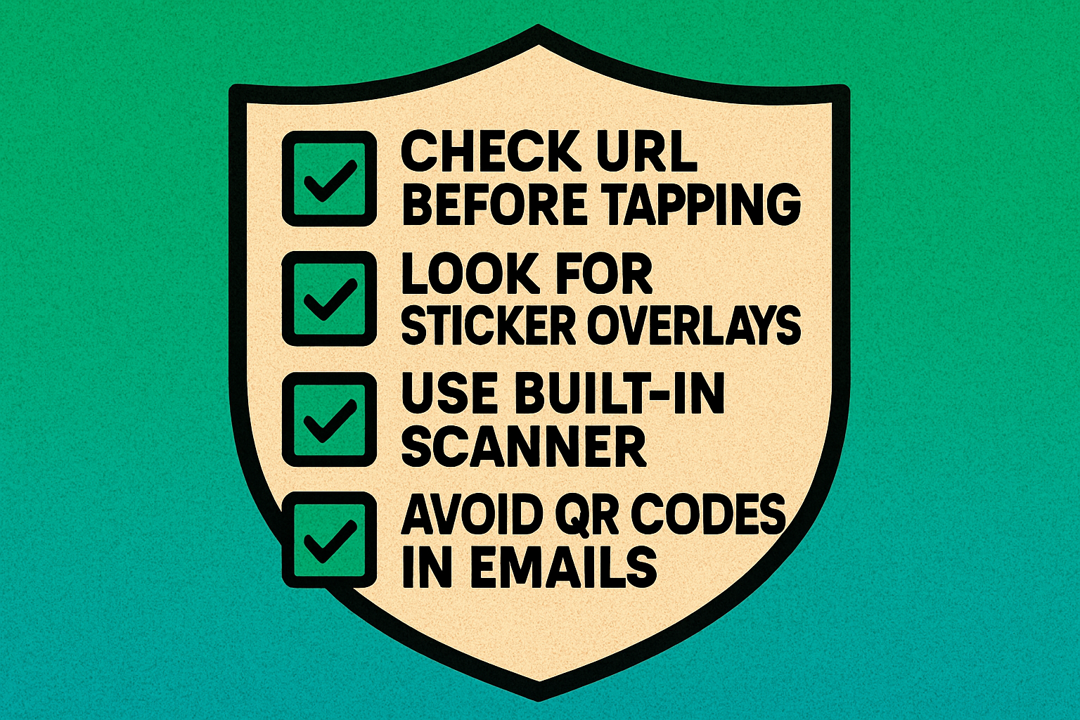 Shield with 4 QR code safety tips: check URL, look for sticker overlays, use built-in scanner, avoid email QR codes