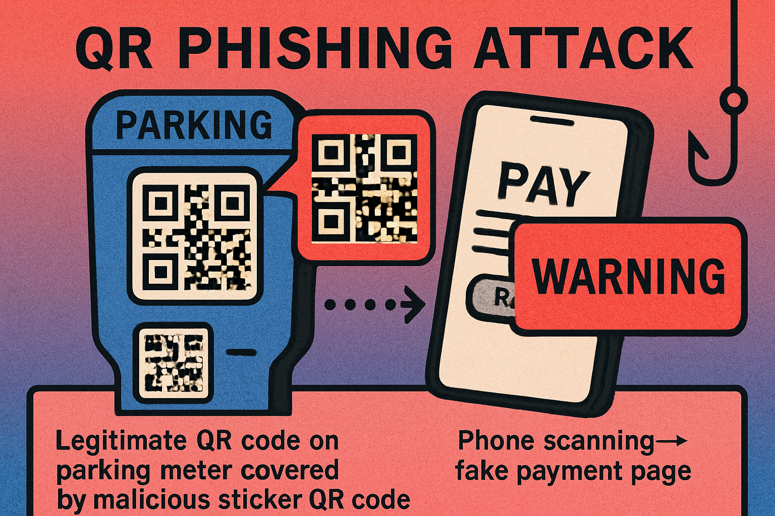 Diagram showing a QR phishing attack where a malicious sticker covers a legitimate QR code on a parking meter