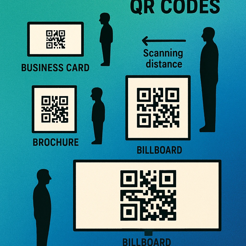 4 QR code print scenarios showing recommended sizes: 2cm for business cards, 3cm for brochures, 10cm for posters, 30cm for billboards