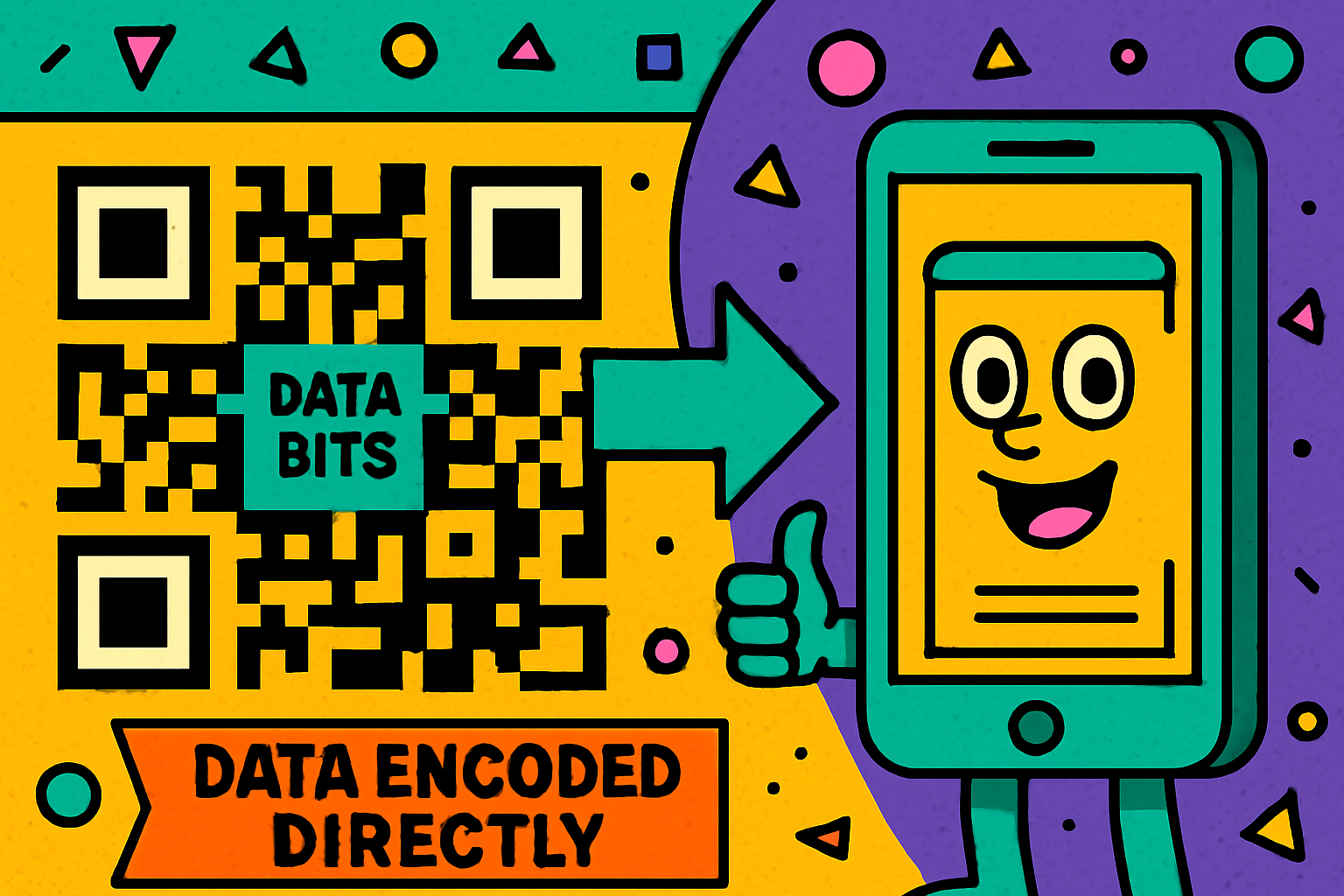 Diagram showing how a static QR code encodes data directly into the pattern and sends it straight to a phone without any server
