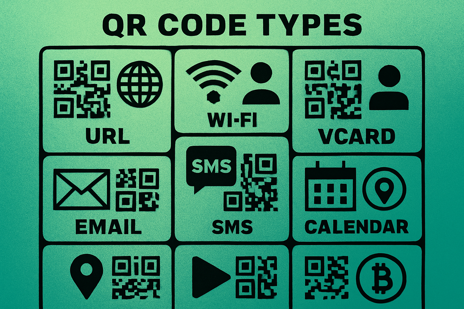 Visual grid showing different types of QR codes including URL, Wi-Fi, vCard, email, and more