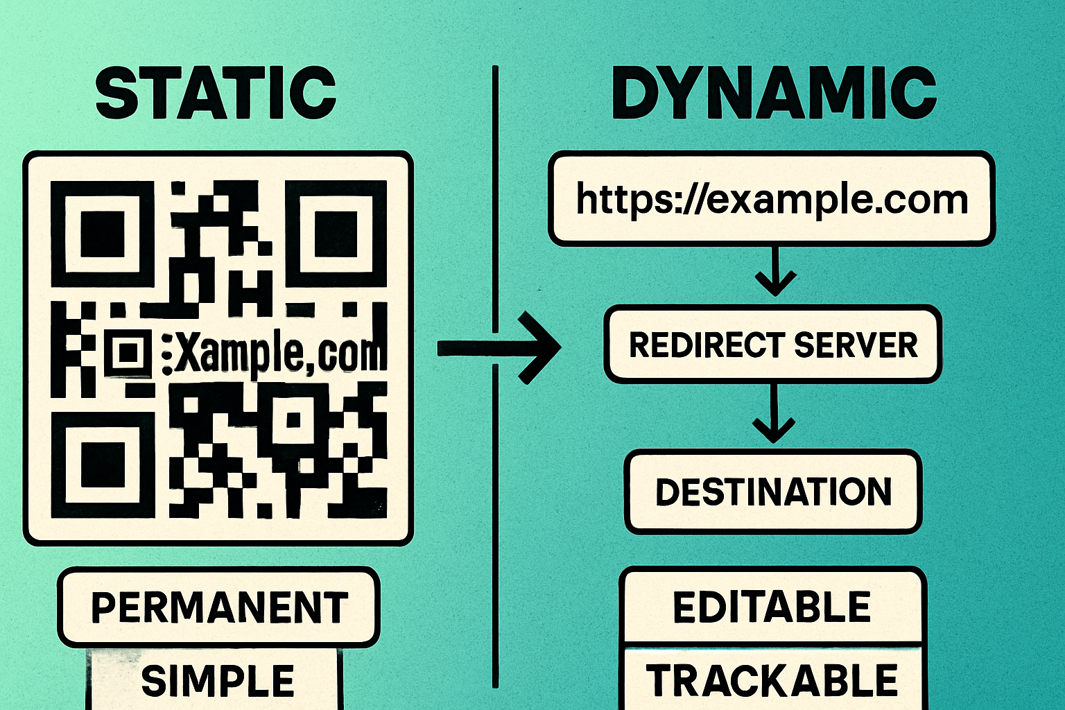 Comparison of static and dynamic URL QR codes showing how redirects work