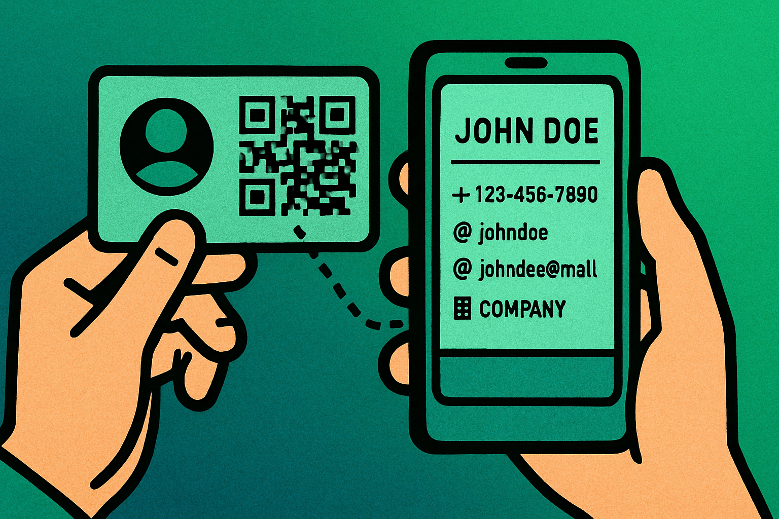 vCard QR code on a business card being scanned by a smartphone to save contact information