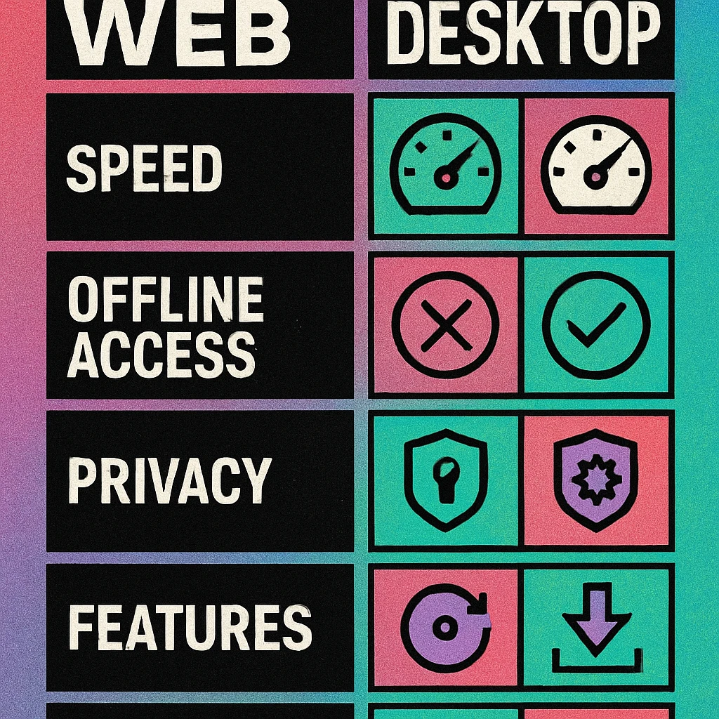 Diagram contrasting server-side data flow of web QR generators with local on-device processing of native desktop apps