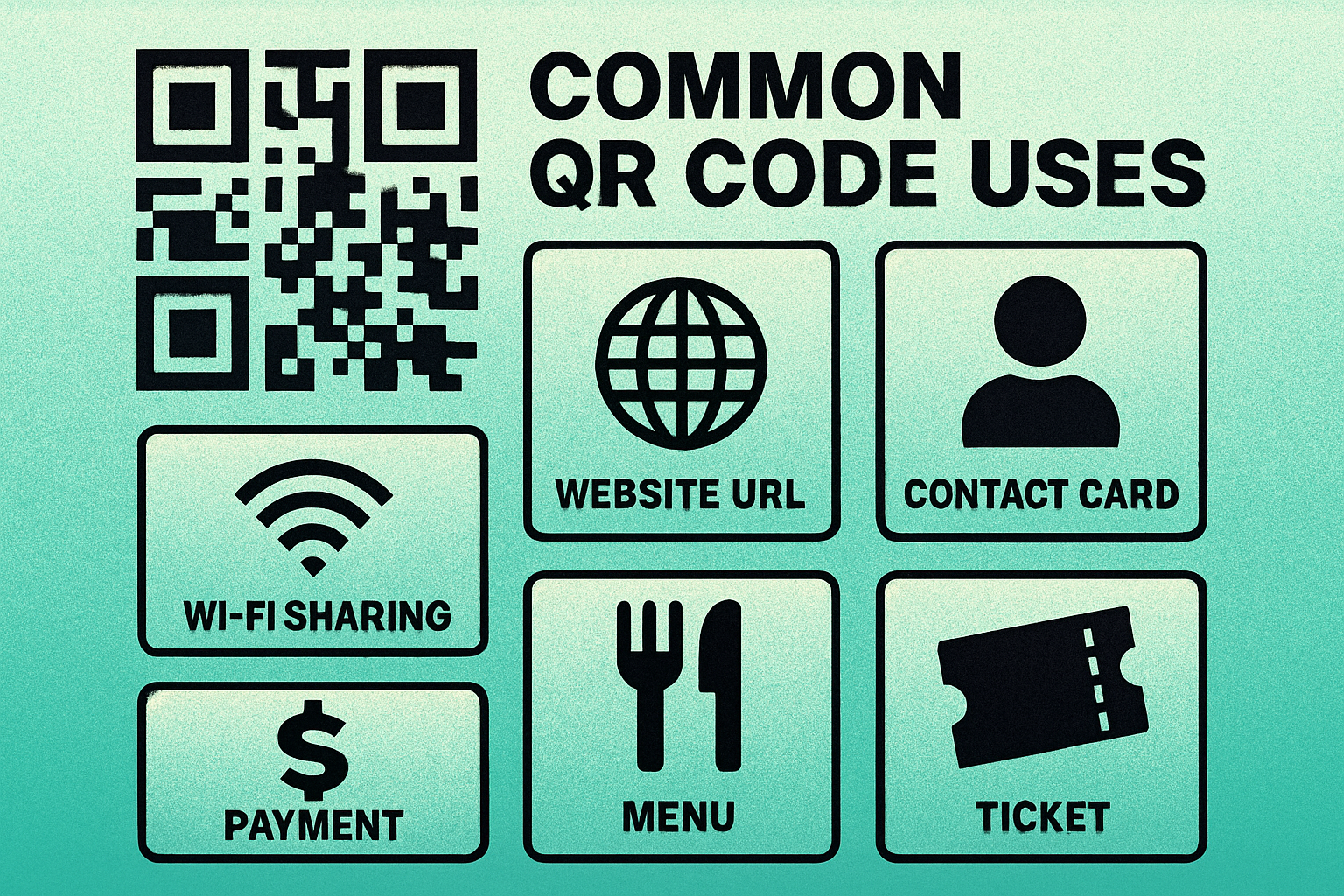 6 common QR code uses: website URLs, Wi-Fi sharing, contact cards, payments, restaurant menus, and event tickets