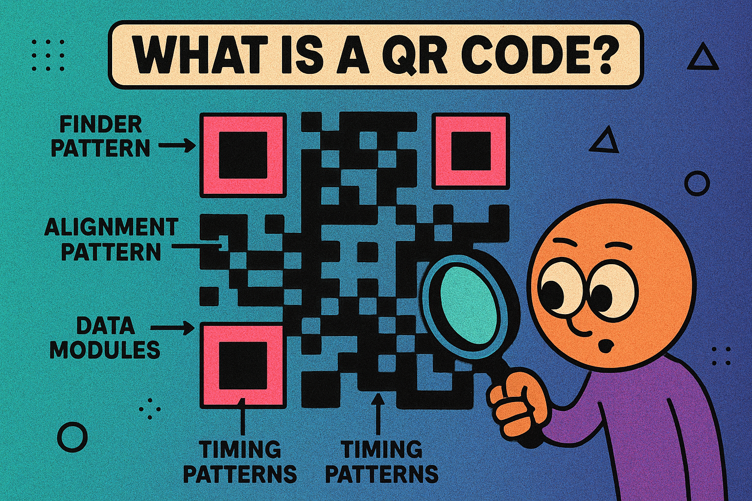 Illustration explaining what a QR code is, showing the square pattern of black and white modules that encode data