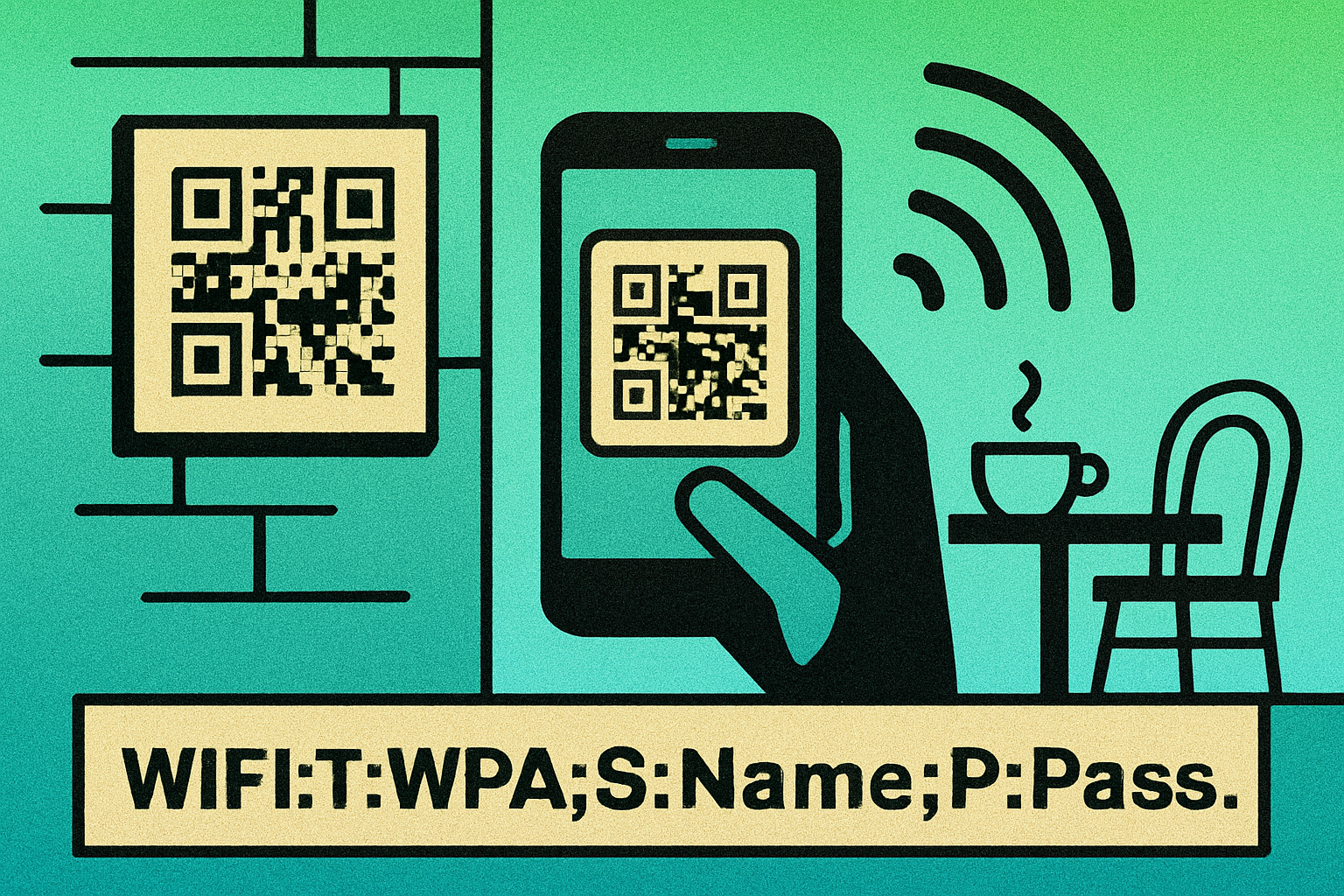 Wi-Fi QR code concept showing a phone scanning a QR code to automatically connect to a wireless network