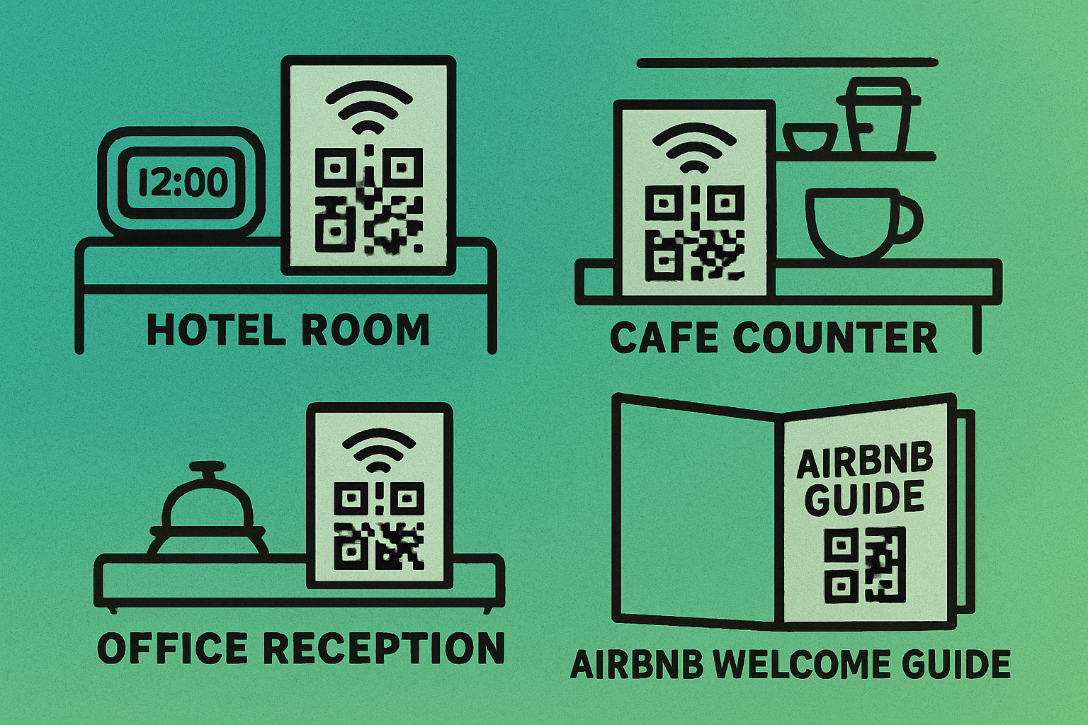 Examples of where to place Wi-Fi QR codes in offices, cafes, and hotels